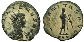 Gallienus. (253-268 AD) Æ Antoninian. (20mm, 2,07g) Antioch. Obv: GALLIENVS AVG. cuirassed bust of Gallienus right. Rev: AETERNITAS AVG. Pietas standi...