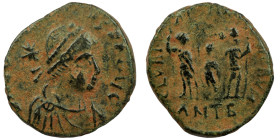 Theodosius II. (406-408 AD). Æ Follis. (16mm, 2,01g) Antioch. Obv: D N THEODOSIVS P F AVG. perl-diademed bust of Theodosius right. Rev: GLORIA ROMANOR...