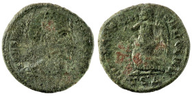 Valens. (364-367 AD). Æ Follis. (18mm, 3,42g) Thessalonica. Obv: D N VALENS P F AVG. perl-diademed bust of Valens right. Rev: SECVRITAS REIPUBLICAE. S...