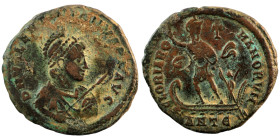 Valentinian II. (375-392 AD). Follis. (24mm, 5,20g) Antioch. Obv: D N VALENTINIANVS P F AVG. pearl-diademed and armed bust of Valentinian right. Rev: ...