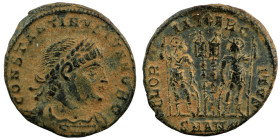 Constantinus I. (306-337 AD). Æ Follis. (18mm, 2,41g) Antioch. Obv: CONSTANTINVS MAX AVG. pearl-diademed bust of Constantinus I. right. Rev: GLORIA EX...