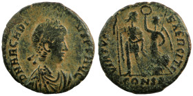 Arcadius. (394-400 AD). Follis. (18mm, 2,01g) Constantinople. Obv: DN ARCADIVS PF AVG. diademed bust of Arcadius right. Rev: VIRTVS EXERCITI. Arcadius...