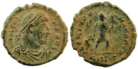 Valens. (364-367 AD). Æ Follis. (19mm, 2,19g) Antioch. Obv: D N VALENS P F AVG. perl-diademed bust of Valens right. Rev: GLORIA ROMANORVM. emperor wal...
