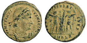 Constantinus I. (306-337 AD). Æ Follis. (18mm, 2,24g) Antioch. Obv: CONSTANTINVS MAX AVG. pearl-diademed bust of Constantinus I. right. Rev: GLORIA EX...