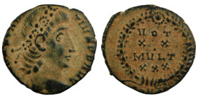 Constans. (347-348 AD). Æ Follis. (14mm, 1,51g) Nicomedia. Obv: D N CONSTANS P F AVG. pearl-diademed bust of Constans right. Rev: VOT / XX / MVLT / XX...
