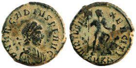 Arcadius. (383-388 AD). Follis. (22mm, 6,35g) Cyzicus. Obv: DN ARCADIVS PF AVG. perl-diademed bust of Arcadius right. Rev: VIRTVS EXERCITI. emperor st...