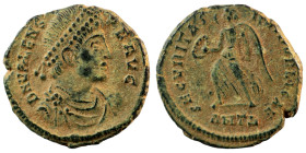 Valens. (364-367 AD). Æ Follis. (18mm, 2,86g) Antioch. Obv: D N VALENS P F AVG. perl-diademed bust of Valens right. Rev: SECVRITAS REIPUBLICAE. Securi...