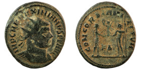 Maximianus. (285-295 AD). Æ Antoninian. (22mm, 3,76g) Antioch. Obv: IMP CMA MAXIMIANVS PF AVG. radiate cuirassed bust right. Rev: CONCORDIA MILITVM. J...
