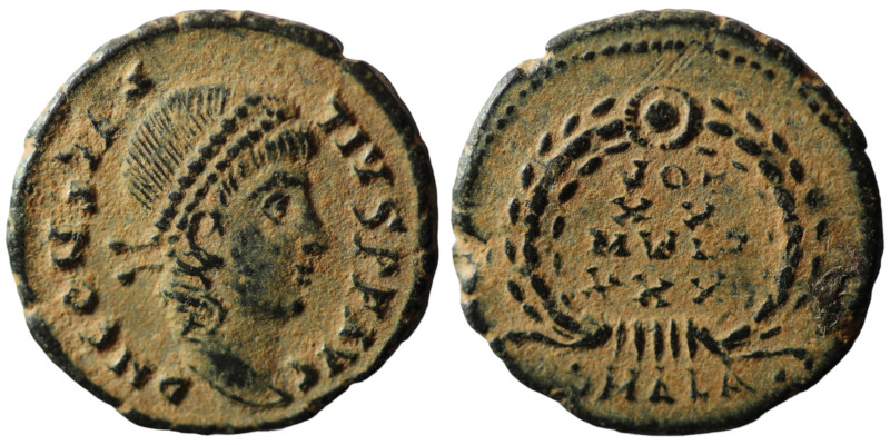 Constans. (347-348 AD). Æ Follis. (12mm, 1,94g) Antioch. Obv: D N CONSTANS P F A...