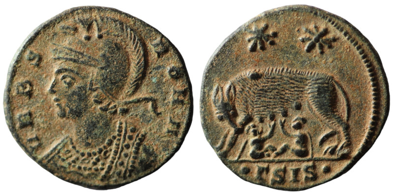 Constantinus I. (306-337 AD). Æ Follis. (18mm, 2,53g) Antioch. Obv: VRBS ROMA. h...