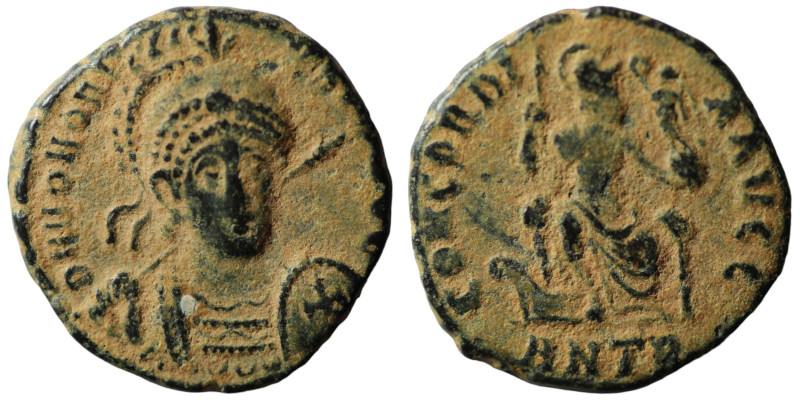 Honorius. (401-403 AD). Follis. (17mm, 2,35g) Antioch. Obv: DN HONORIVS PF AVG. ...