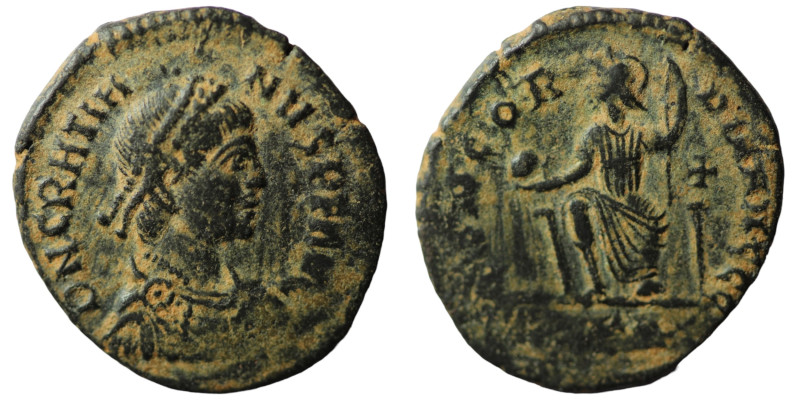 Gratian. (367-383 AD). Æ Follis. (20mm, 2,47g) Antioch. Obv: D N GRATIANVS P F A...