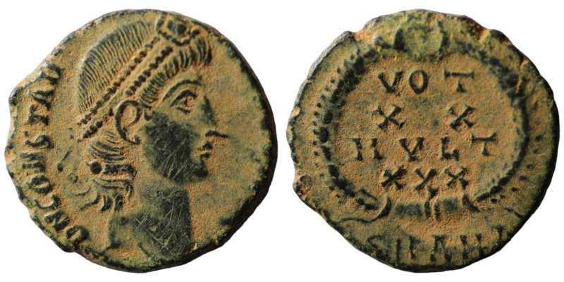 Constans. (347-348 AD). Æ Follis. (15mm, 1,61g) Antioch. Obv: D N CONSTANS P F A...