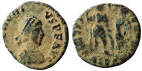 Arcadius. (394-400 AD). Follis. (17mm, 2,77g) Antioch. Obv: DN ARCADIVS PF AVG. diademed bust of Arcadius right. Rev: VIRTVS EXERCITI. Arcadius standi...