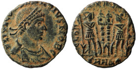 Constantinus I. (306-337 AD). Æ Follis. (18mm, 2,25g) Antioch. Obv: CONSTANTINVS MAX AVG. laureate bust of Constantinus I. left. Rev: GLORIA EXERCITVS...