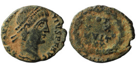 Constans. (347-348 AD). Æ Follis. (17mm, 1,33g) Antioch. Obv: D N CONSTANS P F AVG. pearl-diademed bust of Constans right. Rev: VOT / XX / MVLT / XXX....