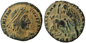 Constantinus II. (351-354 AD). Follis. (17mm, 2,39g) Antioch. Obv: D N CONSTANTIVS P F AVG. diademed bust of Constantinus right. Rev: FEL TEMP REPARAT...