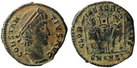 Constans. (346-349 AD). Æ Follis. (16mm, 1,34g) Antioch. Obv: DN FL CONSTANS PF AVG. pearl-diademed bust of Constans right. Rev: GLORIA EXERCITVS. two...