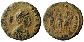 Theodosius II. (406-408 AD). Æ Follis. (15mm, 1,84g) Antioch. Obv: D N THEODOSIVS P F AVG. perl-diademed bust of Theodosius right. Rev: GLORIA ROMANOR...