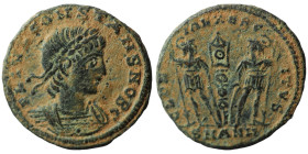 Constantinus I. (306-337 AD). Æ Follis. (16mm, 1,73g) Antioch. Obv: CONSTANTINVS MAX AVG. laureate bust of Constantinus I. left. Rev: GLORIA EXERCITVS...