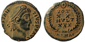Constans. (347-348 AD). Æ Follis. (16mm, 1,88g) Antioch. Obv: D N CONSTANS P F AVG. pearl-diademed bust of Constans right. Rev: VOT / XX / MVLT / XXX....