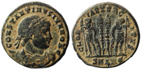 Constantinus I. (306-337 AD). Æ Follis. (18mm, 3,09g) Antioch. Obv: CONSTANTINVS MAX AVG. laureate bust of Constantinus I. left. Rev: GLORIA EXERCITVS...