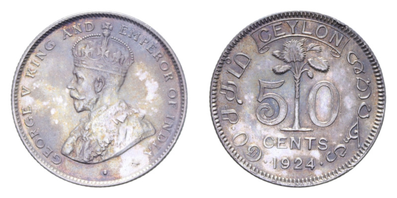 CEYLON GIORGIO V 50 CENTS 1924 AG. 5,87 GR. qSPL (PATINATA)