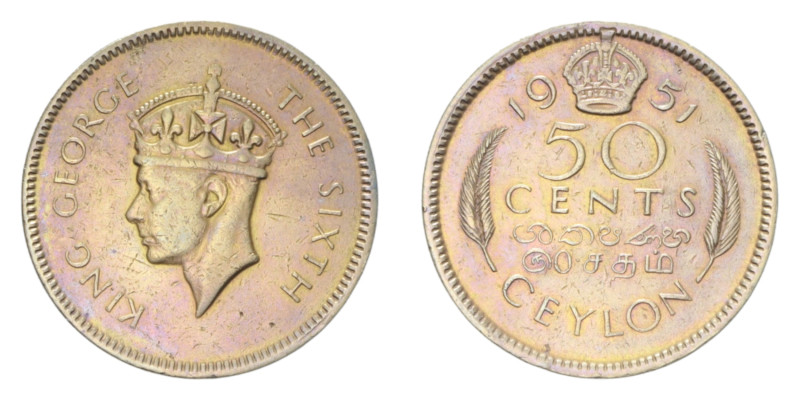 CEYLON GIORGIO VI 50 CENTS 1951 NI.BA. 5,44 GR. BB