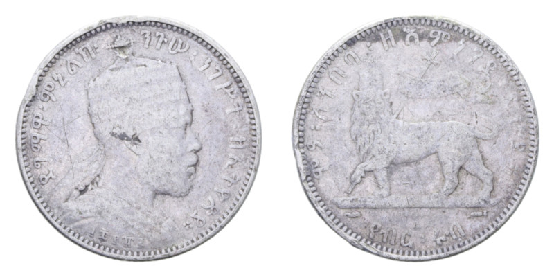ETIOPIA MENELIK II 1/4 BIRR 1895-1897 AG. 6,87 GR. MB-BB (APPICCAGNOLO RIMOSSO)