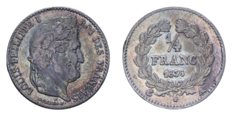 FRANCIA LUIGI FILIPPO 1/4 FRANC 1836 A AG. 1,22 GR. BB/BB+