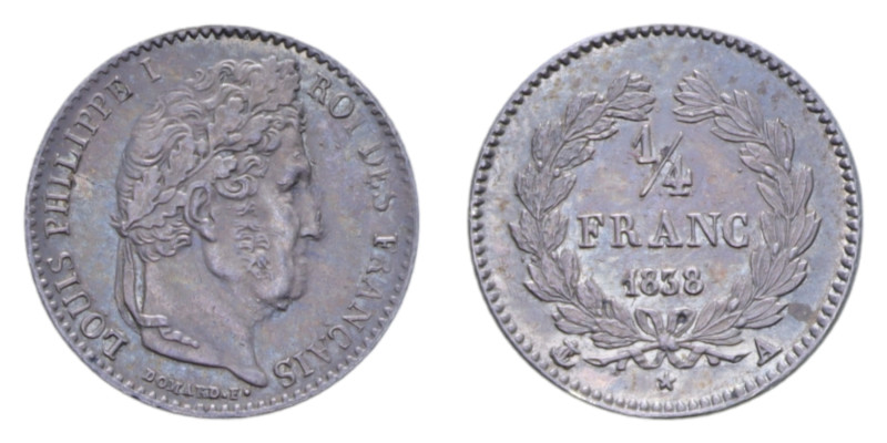 FRANCIA LUIGI FILIPPO 1/4 FRANC 1838 A AG. 1,21 GR. SPL