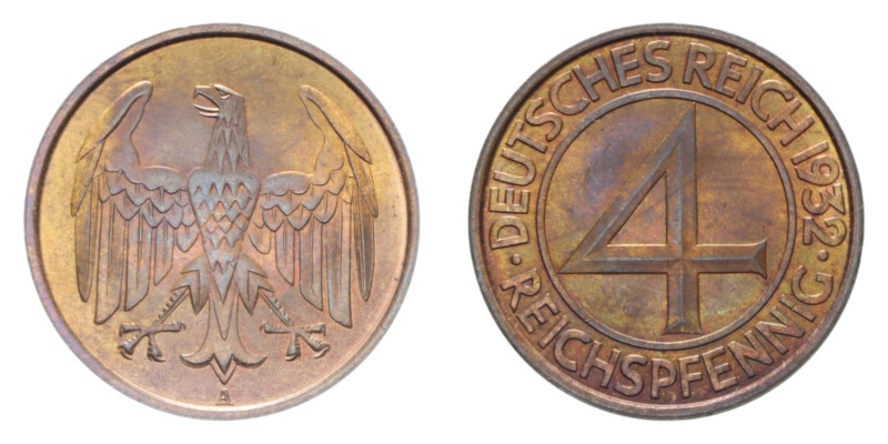 GERMANIA 4 REICHSPFENNIG 1932 CU. 4,99 GR. FDC ROSSO
