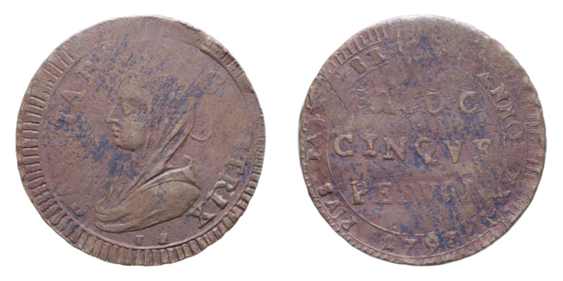 PERUGIA (1775-1799) 5 BAIOCCHI 1797 MADONNINA CU. 16,85 GR. MB-BB