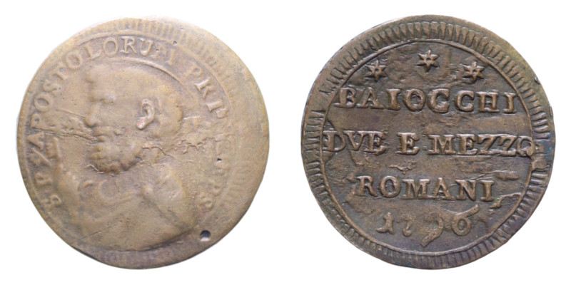 ROMA PIO VI (1775-1799) 2 E MEZZO BAIOCCHI 1796 SAMPIETRINO CU. 18,62 GR. qBB/BB...