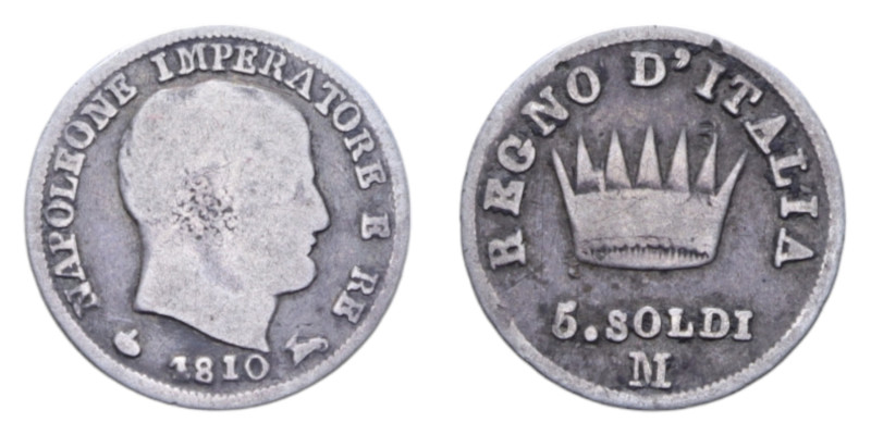 NAPOLEONE I RE D'ITALIA (1805-1814) 5 SOLDI 1810 MILANO AG. 1,16 GR. MB-BB/qBB