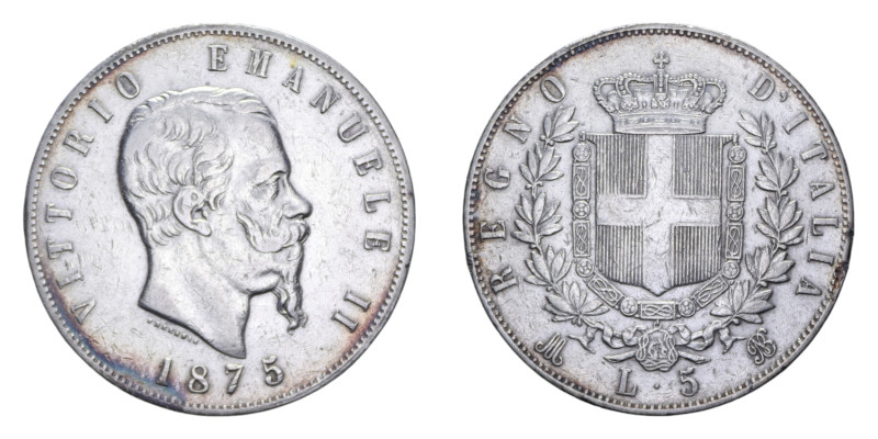 VITT. EMANUELE II (1861-1878) 5 LIRE 1875 MILANO AG. 24,99 GR. BB/BB+ (TRACCE DI...