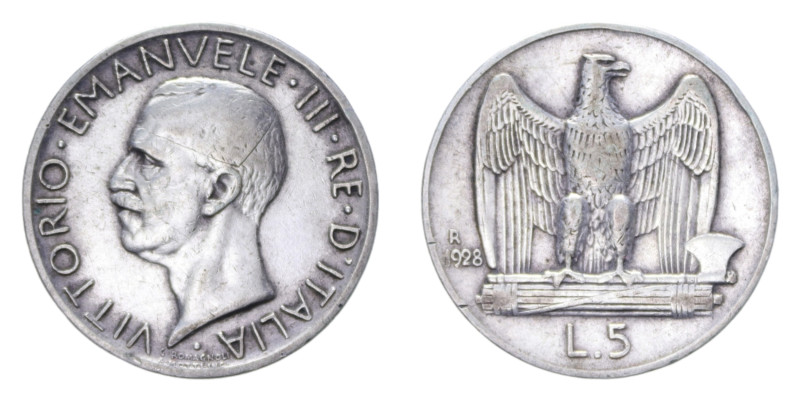 VITT. EMANUELE III (1900-1943) 5 LIRE 1928 AQUILINO 2 ROSETTE R AG. 4,95 GR. qBB...