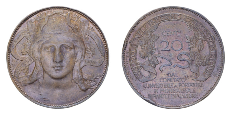 VITT. EMANUELE III (1900-1943) BUONO 20 CENT. 1906 ESPOSIZIONE MILANO CU. 9,81 G...