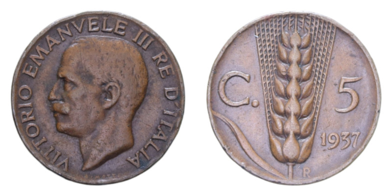 VITT. EMANUELE III (1900-1943) 5 CENT. 1937 SPIGA R CU. 3,17 GR. qBB/BB