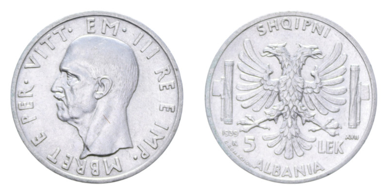 VITT. EMANUELE III ALBANIA (1939-1943) 5 LEK 1939 AG. 5 GR. SPL