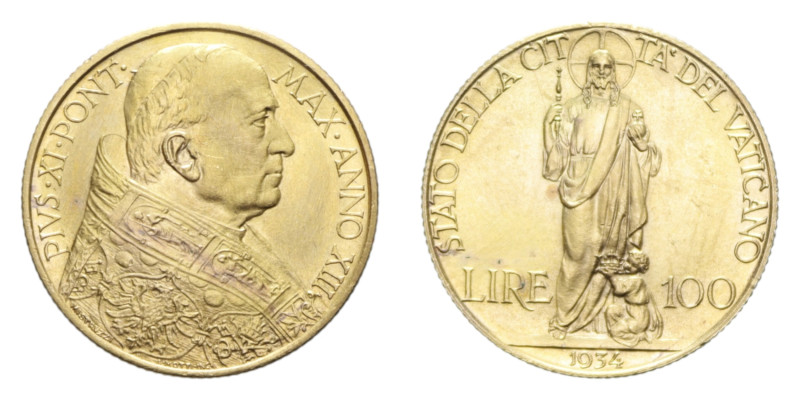 PIO XI (1929-1938) 100 LIRE 1934 R AU. 8,78 GR. FDC (LEGGERI SEGNETTI)