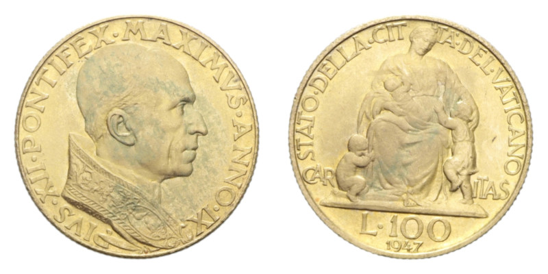 PIO XII (1939-1958) 100 LIRE 1947 RR AU. 5,19 GR. FDC (PATINA)