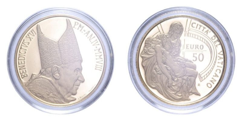 BENEDETTO XVI (2005-2013) 50 EURO 2008 LA PIETA' AU. 15 GR. IN COFANETTO PROOF