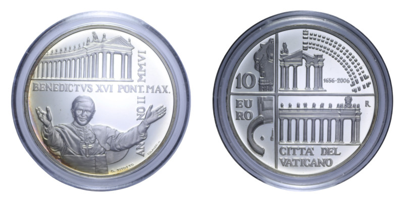 BENEDETTO XVI (2005-2013) 10 EURO 2006 BERNINI COLONNATO AG. 22 GR. IN COFANETTO...