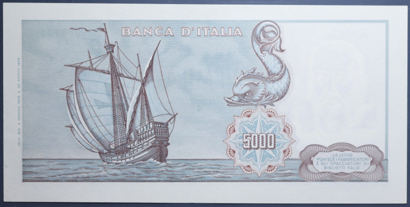 REPUBBLICA ITALIANA 5000 LIRE 4/1/1968 COLOMBO 1° TIPO CARTA VERDINA FDS