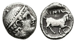 Thrace, Ainos. AR Diobol, 1.17 g 11.57 mm. Circa 408-406 BC.
Obv: Head of Hermes right wearing petasos.
Rev: AINI,Goat standing right; crab below rais...