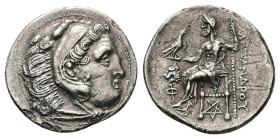 Kings of Thrace (Macedonian). Lysimachos, AR Drachm, 3.44 g 19.35 mm. 305-281 BC. Kolophon.
Obv: Head of Herakles right, wearing lion skin.
Rev: AΛEXA...