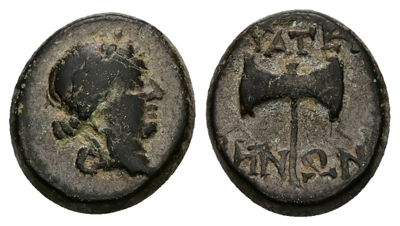 Lydia, Thyateira. Ae, 3.67 g 15.42 mm. 2nd century BC.
Obv: Laureate head of Apo...