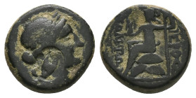 Cilicia, Hieropolis-Kastabala. Ae, 7.11 g 18.53 mm. Circa 200-30 BC.
Obv:Draped bust of Dionysos right, wreath with ivy, thyrsos over shoudler.Counter...