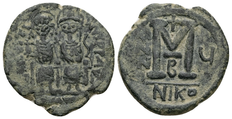 Justin II and Sophia, AD 565-578. AE, Follis. 12.70 g. 30.23 mm. Nicomedia.